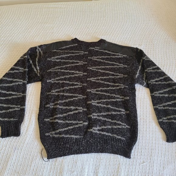 Vintage 80s Black and Grey Wool Blend Sweater with Leather Accents, Size M - Picture 2 of 5